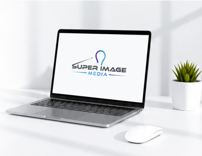 Laptop on a desk displaying the Super Image Media logo